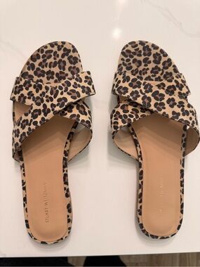 Stuart Weitzman Leopard Print Crisscross Slide Sandals - Beige/Black